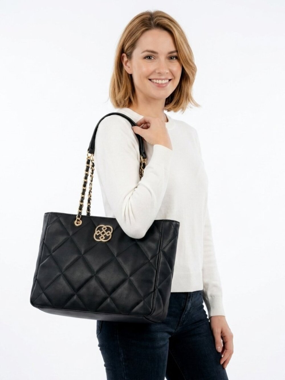 NWT Daisy Fuentes Quilted Black & Gold Tote Shoulder Bag